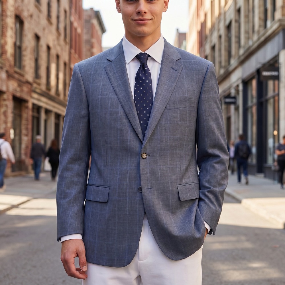 Canali Stretch Mens Navy Blue Plaid Wool Blazer Sport Coat 46R Made in Italy